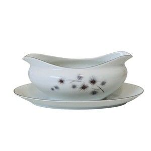 Fine China Creative Platinum Star Burst Gravy Boat w/ Attached Underplate Japan